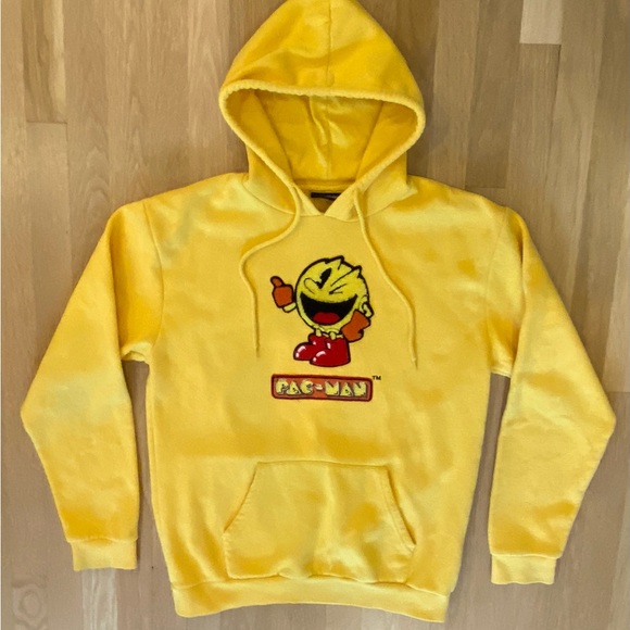 PAC-MAN Yellow Hooded Sweatshirt w Large Chenille PAC-MAN Patch / Unisex M - Picture 4 of 11
